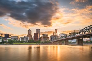 Portland, Oregon, USA skyline at dusk on the Willamette River.